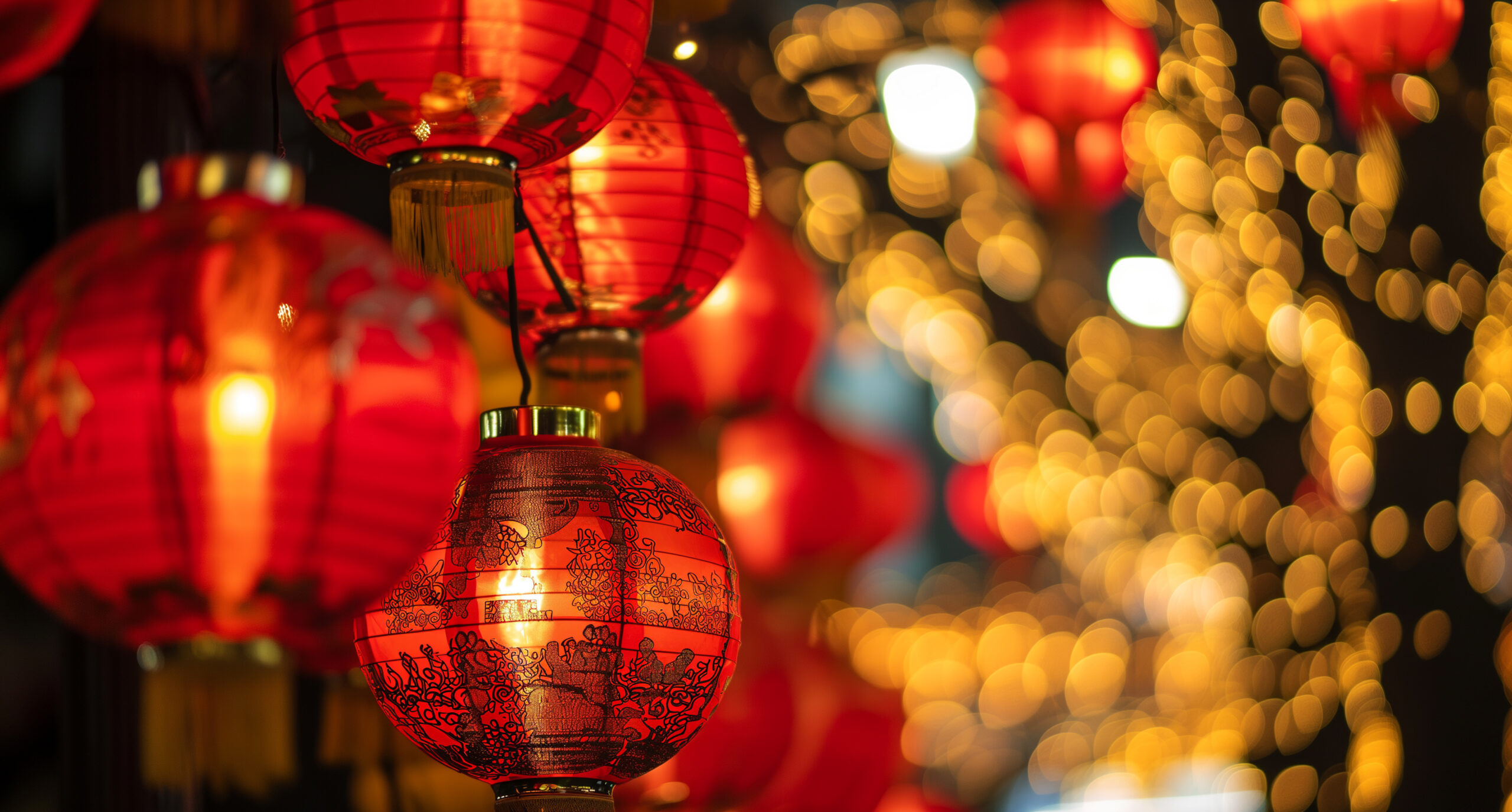Lanternas chinesas vermelhas com detalhes dourados, acesas à noite.